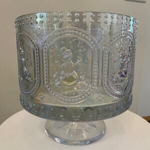 Clear Glass Trifle Pedestal Bowl Footed Candy Dish Christmas Snowman Embossed